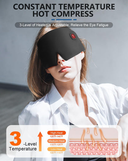 Silk Heated Eye Mask, 2000mAh Large Size Cordless Sleep Mask Warm Eye Compress Electric Heating Pad for Stye Blepharitis Dry Eyes Sinus Migraine Gifts for Men and Women (Black)