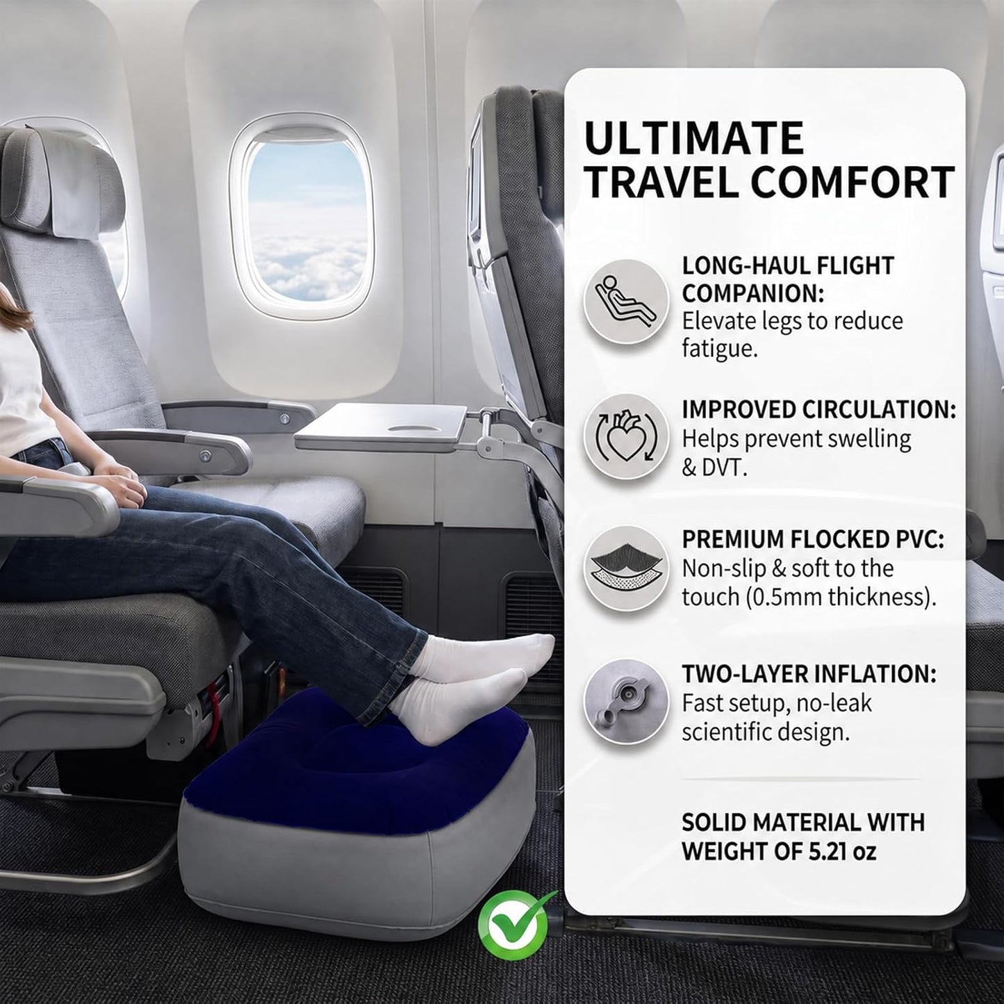Inflatable Foot Rest for Airplane Travel, Portable Travel Foot Pillow for Office, Home Desk & Car, Adjustable Leg Rest for Economy Flight Comfort