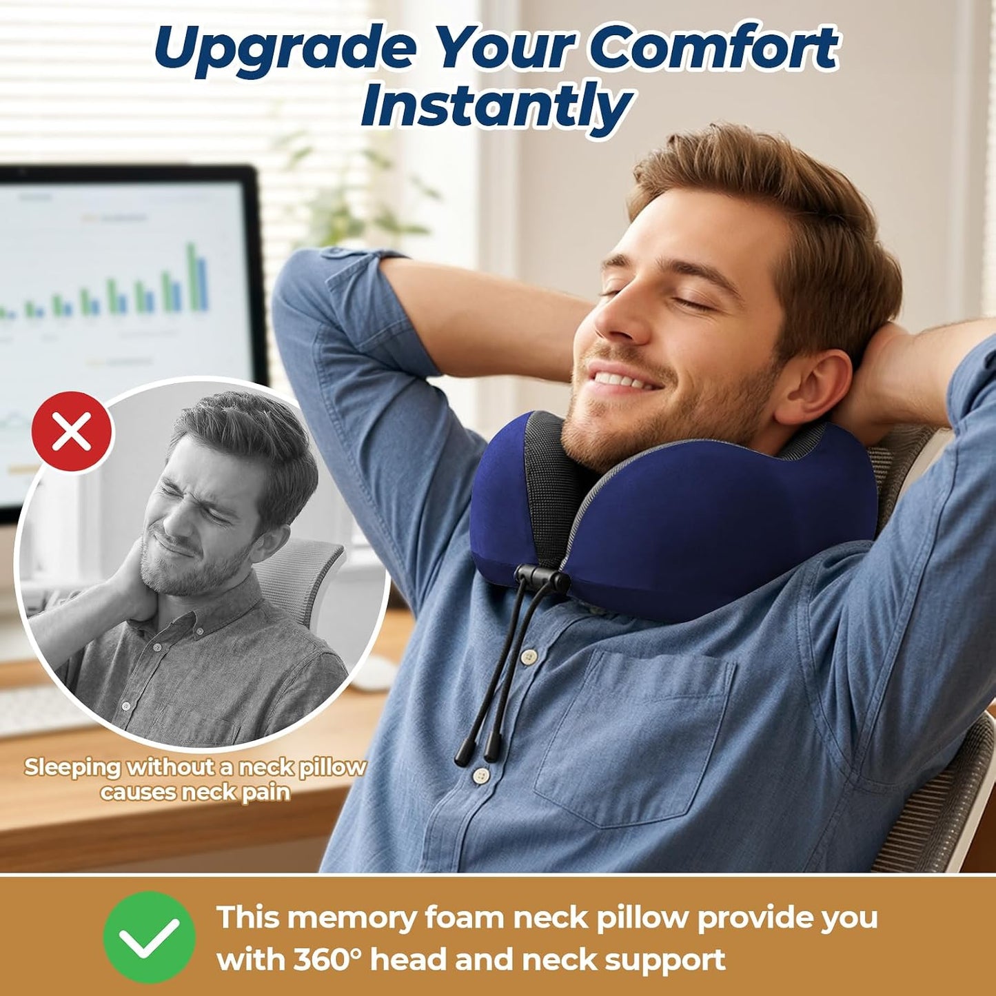 ExploreBliss Travel Pillow, Travel Pillows for Sleeping Airplane, Neck Pillow Airplane, Memory Foam Neck Pillow Set with Eye Mask, Earplugs and Storage Bag -Grey