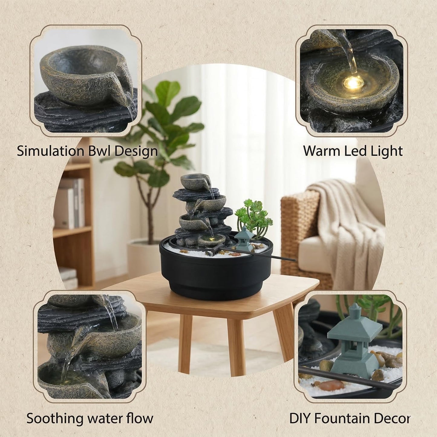 Sunlinua Natural Rocks Tabletop Water Fountain Indoor Water Fountains with 4-Tier Soothing Sound Desktop Waterfall with DIY Decoration for Meditation Desk Home Office Decor(Indoor Electrical Plug)