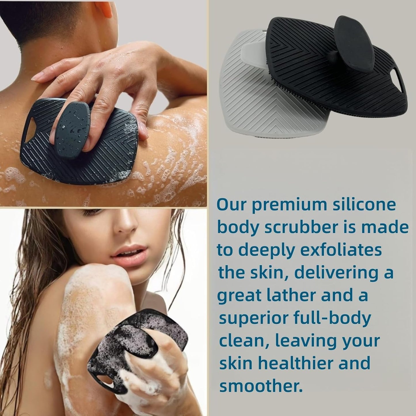 2 Pack Silicone Body Scrubber, Highly Elastic Bristles Handheld Brush for Shower, Lather Well and Gentle Exfoliating, Makes Skin Smooth, for Women and Men, Black and Gray