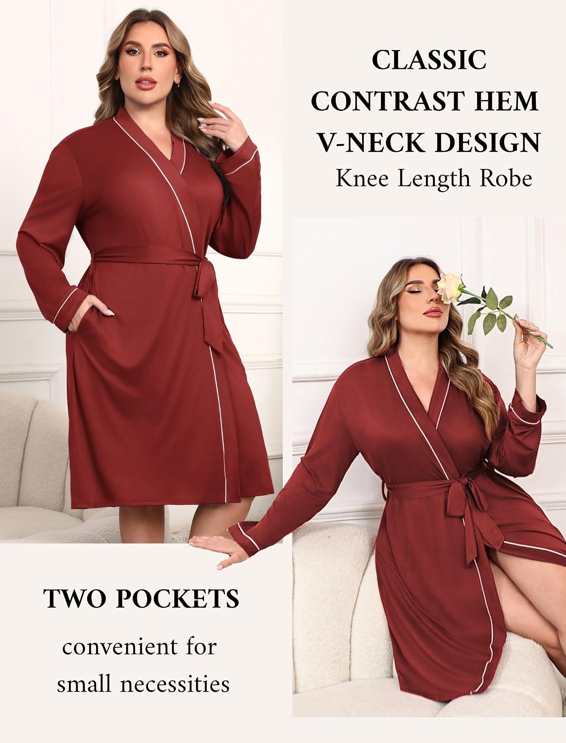 Ekouaer Plus Size Robes for Women Soft Bathrobe V Neck Soft Maternity Robe