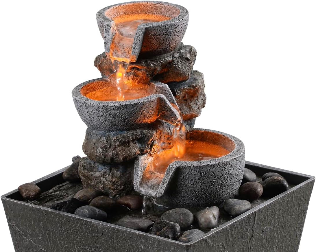 Haobos Decorative Indoor Fountain 3-Bowl Rockery Soothing Sound Tabletop Fountains Home/Office Decor with Led Light/Some Cobblestones(1556A)