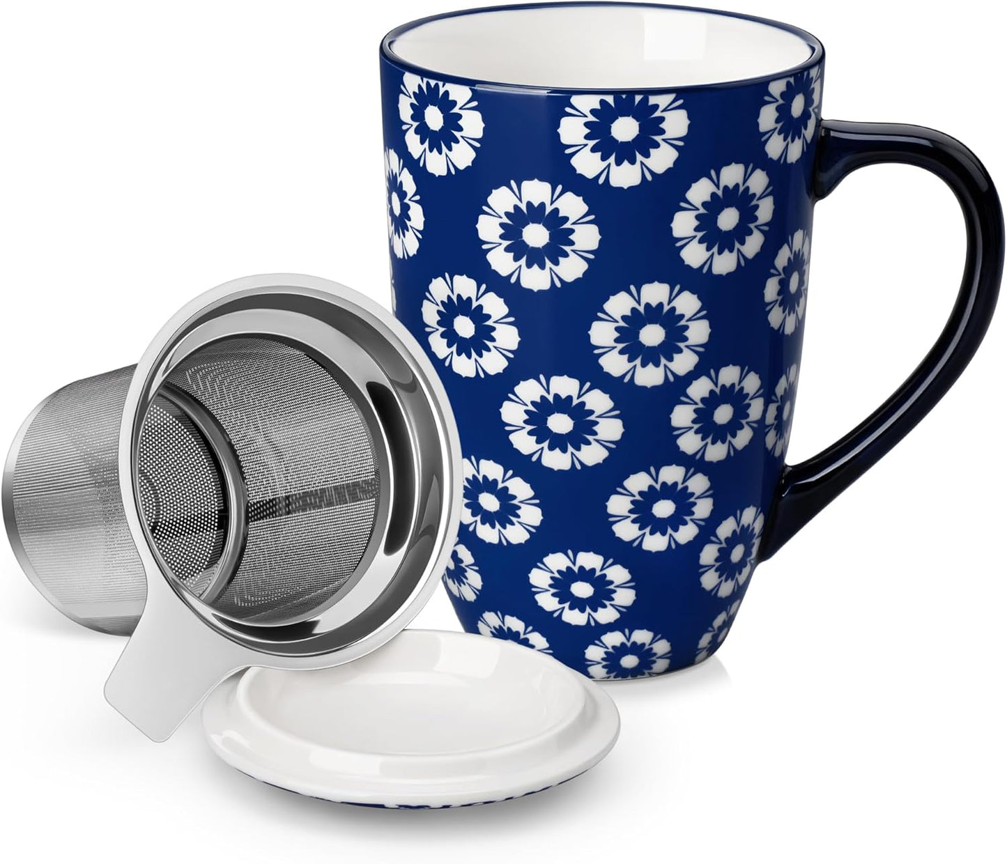 vancasso SELENE Porcelain Tea Mug, 18 oz Porcelain Tea Cup with Infuser and Lid Steeps Loose Leaf Tea, Microwave & Dishwasher Safe, Blossom Cluster