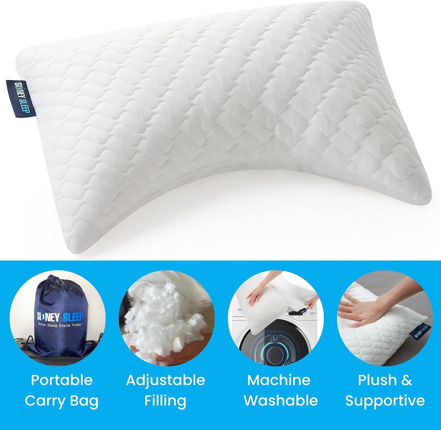 Sidney Sleep Adjustable Curved Pillows for Neck and Shoulder Support with Extra Shredded Fill - Cervical Contour Pillow for Side and Back Sleepers - Queen Size 19" x 29" CertiPUR-US Certified (White)