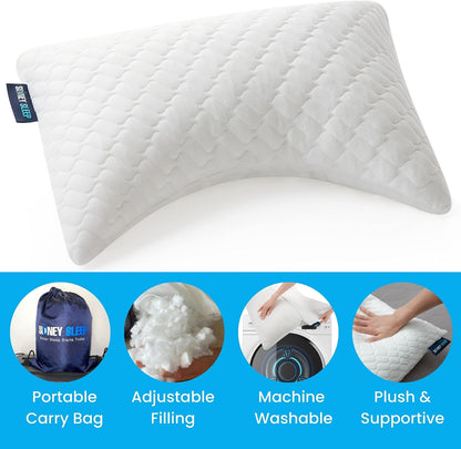 Sidney Sleep Adjustable Curved Pillows for Neck and Shoulder Support with Extra Shredded Fill - Cervical Contour Pillow for Side and Back Sleepers - Queen Size 19" x 29" CertiPUR-US Certified (White)