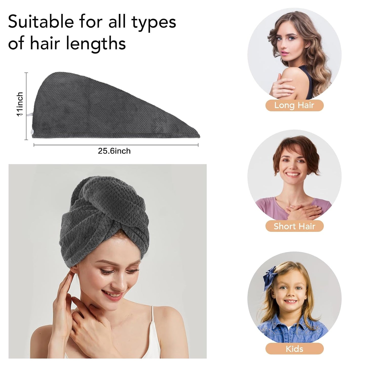 SINLAND Microfiber Hair Drying Cap Hair Towel Turban Twist for Women Fast Drying Towels Head Turban Absorbent Soft Lightweight 3 Pack Black