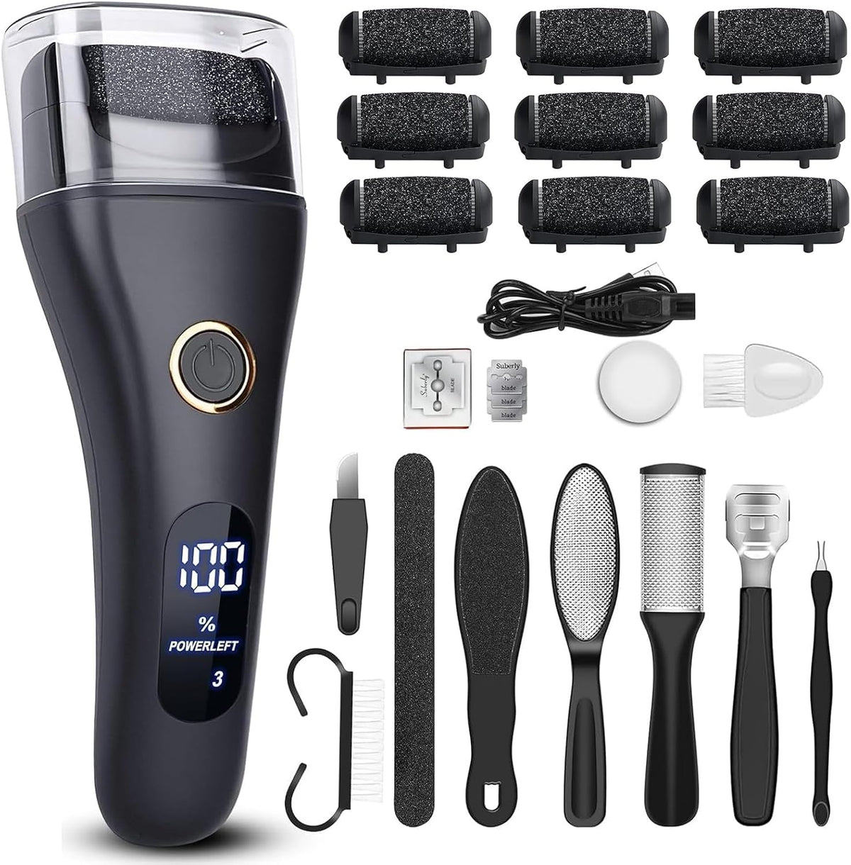 Electric Foot File Callus Remover for Feet - 6pcs Larger Grinding Head&3Speed, Pedicure Kit Foot Scrubber Deadskin Callus Remover, Foot Care Kit Pedicure Tools for Dead Skin Callus Hardskin Dry Cracks