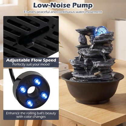 Giantex Tabletop Water Fountain with Warm LED Light, Tiered Rock Waterfall with Pump, Zen Meditation Desktop Decor for Office, Home Relaxation