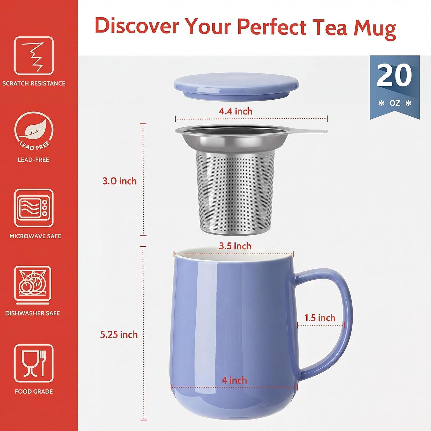 Sweese 20 OZ Porcelain Tea Mug with Infuser and Lid, Loose Leaf Tea Cup, Gifts for Tea Lover - Mint Green