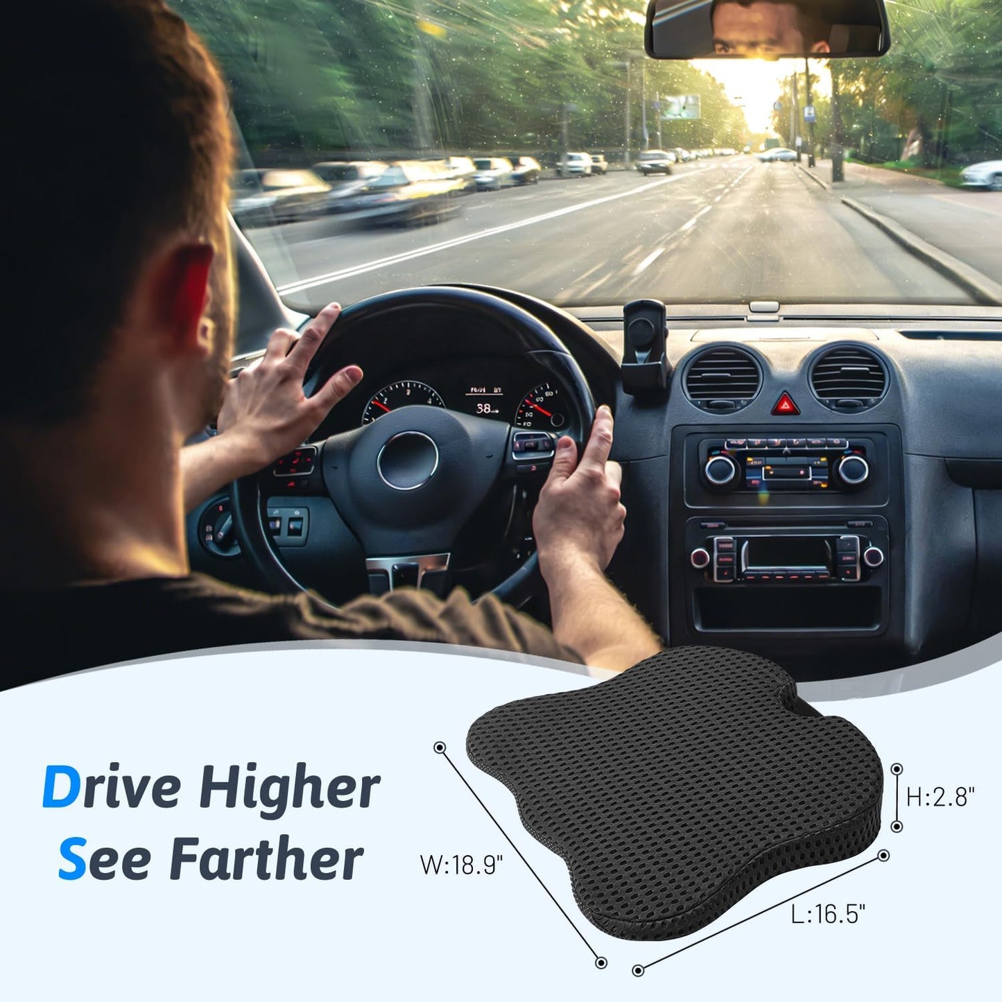 Wedge Car Seat Cushion for Better Visibility & Sciatica Pain Relief - High Density Memory Foam, Non-Slip Ergonomic Car Seat Cushion for Driving, Universal Fit for Car, SUV,Truck & Tractor