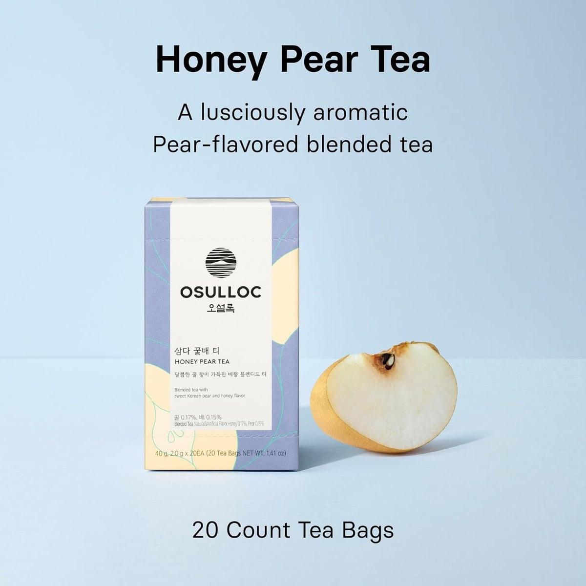 OSULLOC Honey Pear Tea (Sweet Pear & Honey Flavor), Iced tea bags Fruit tea Blend, Premium Teabags from Jeju Island, 20 count