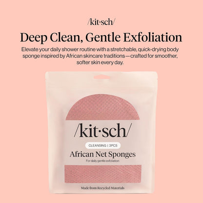 Kitsch African Net Sponge – Exfoliating Body Scrubber for Cleansing & Gentle Daily Exfoliation – Stretchable Bath Sponge for Hard-to-Reach Areas, Long-Lasting Shower Essential - Aqua Grey, 3 Pcs