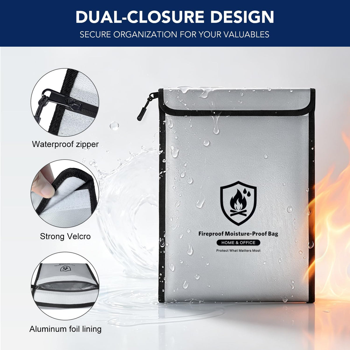 Large Fireproof Document Bag - 2000℉ Waterproof Fireproof Money Bag with Zipper 15"x11", Important Document Storage Organizer for Valuables, Legal Documents, Passport - Home Safety Safe