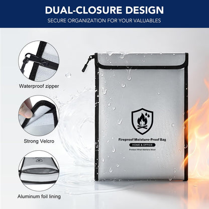 Large Fireproof Document Bag - 2000℉ Waterproof Fireproof Money Bag with Zipper 15"x11", Important Document Storage Organizer for Valuables, Legal Documents, Passport - Home Safety Safe