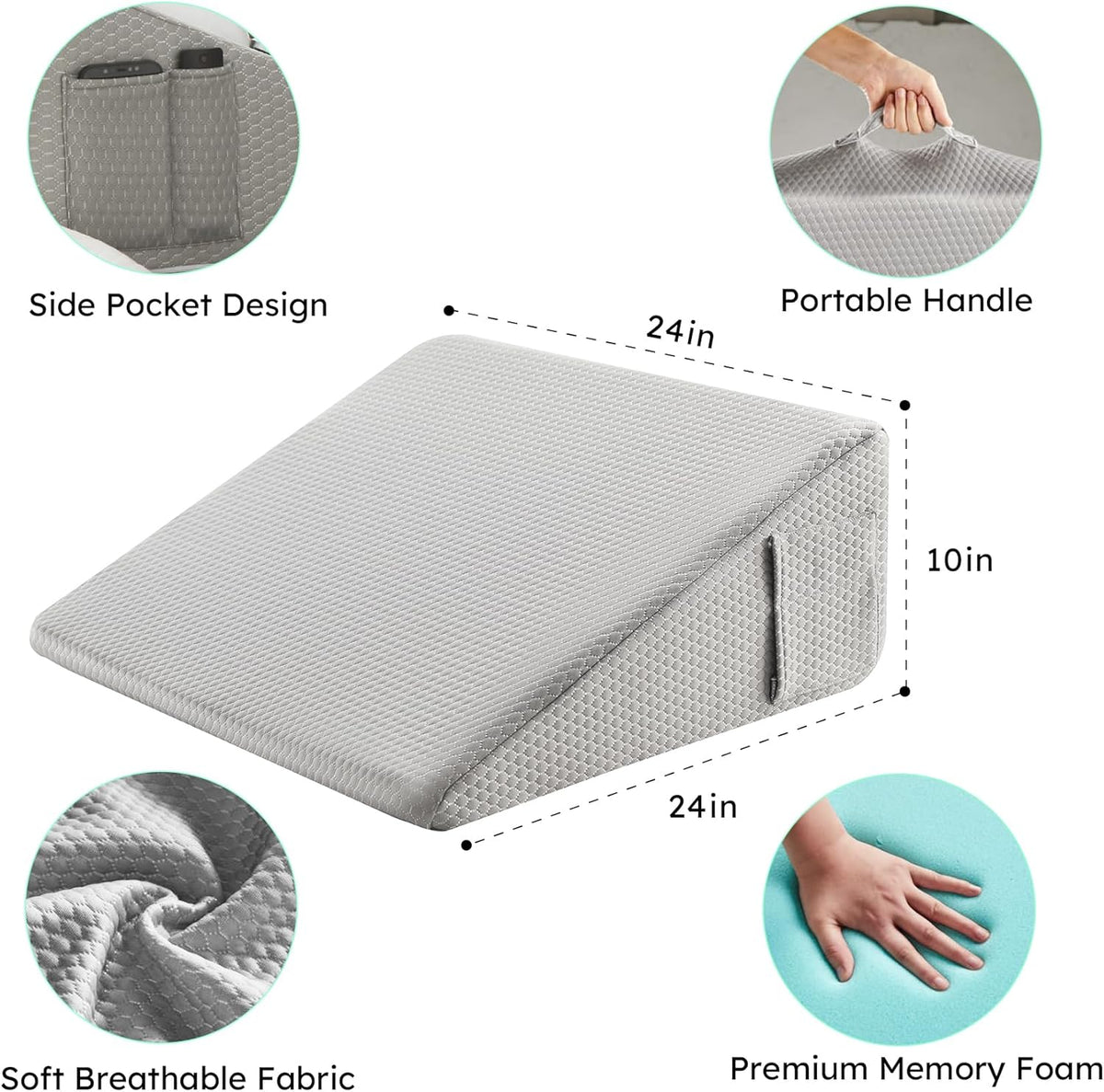 Bedluxe Wedge Pillow, 10 inch Bed Wedge Pillow for Headboard, Pillow Wedge for Acid Reflux Relief, Sleeping, Back Pain Relief, Snoring, Triangle Pillow Wedge, White/Grey