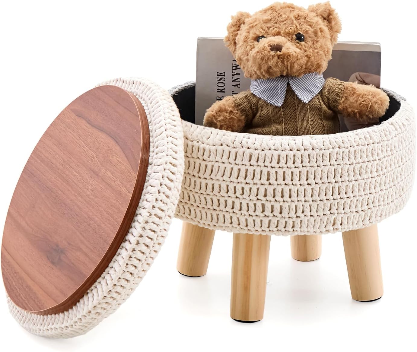 Wimarsbon Pouf Ottoman, 100% Cotton Knitted Boho Footstool, Round Footrest with Non-Skid Wood Legs, Home Décor Handmade Pouffe, Leisure Floor Step Stool for Living Room (Beige)