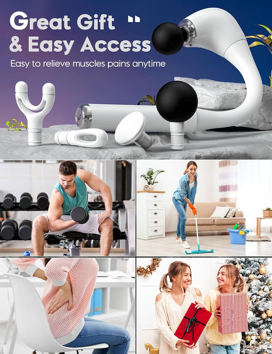 FVZ Massage Gun with Upgraded Extension Handle, Portable 10MM Massage Gun Deep Tissue, Back Massager, Muscles/Neck/Shoulders/Waist/Legs Massager, Gifts for Men