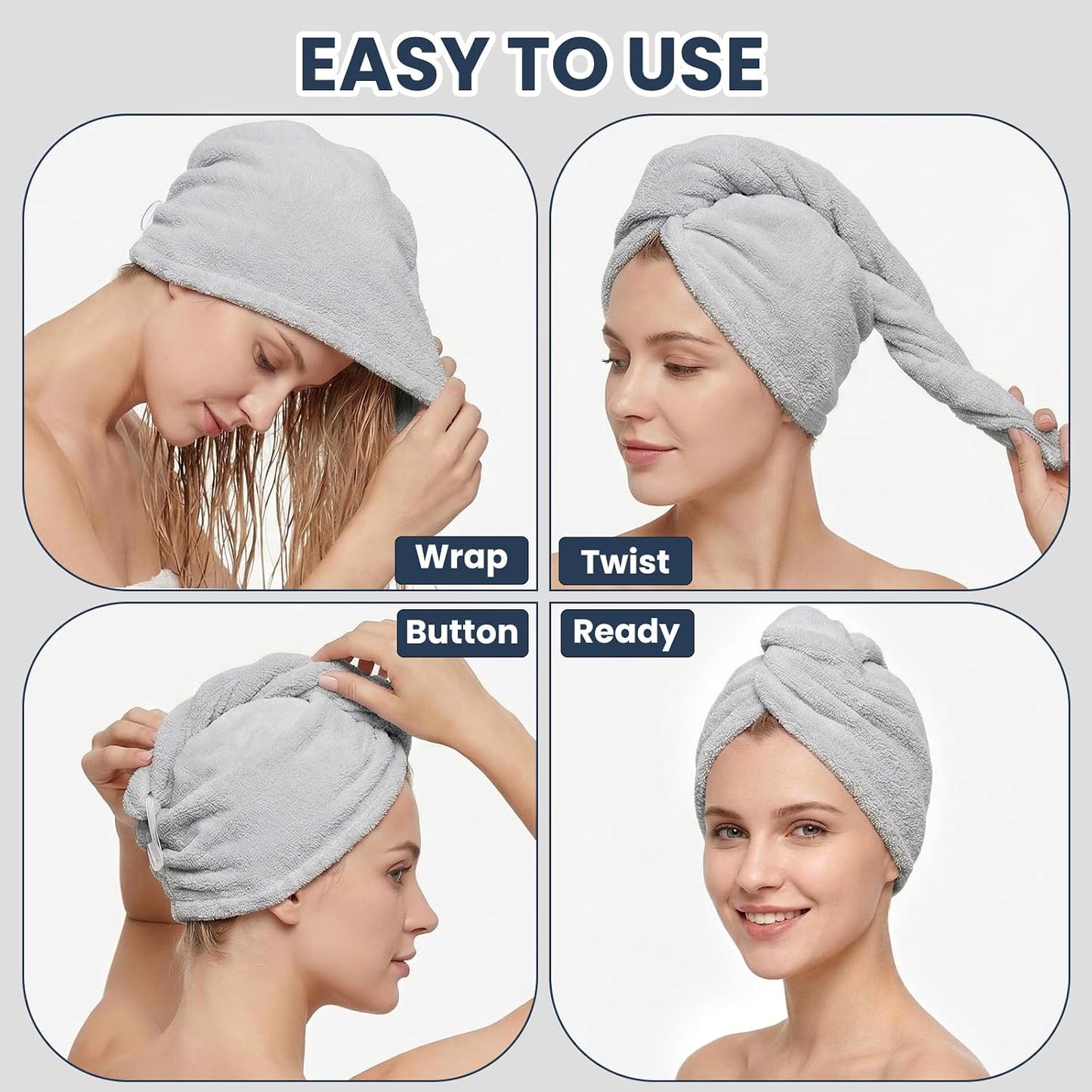 Mandydov 100% Cotton Hair Towel Wrap for Women, 2 Pack Thickened & Super Absorbent Turbans, Anti Frizz Quick Dry Hair Towels (Blue, Pink Blush)