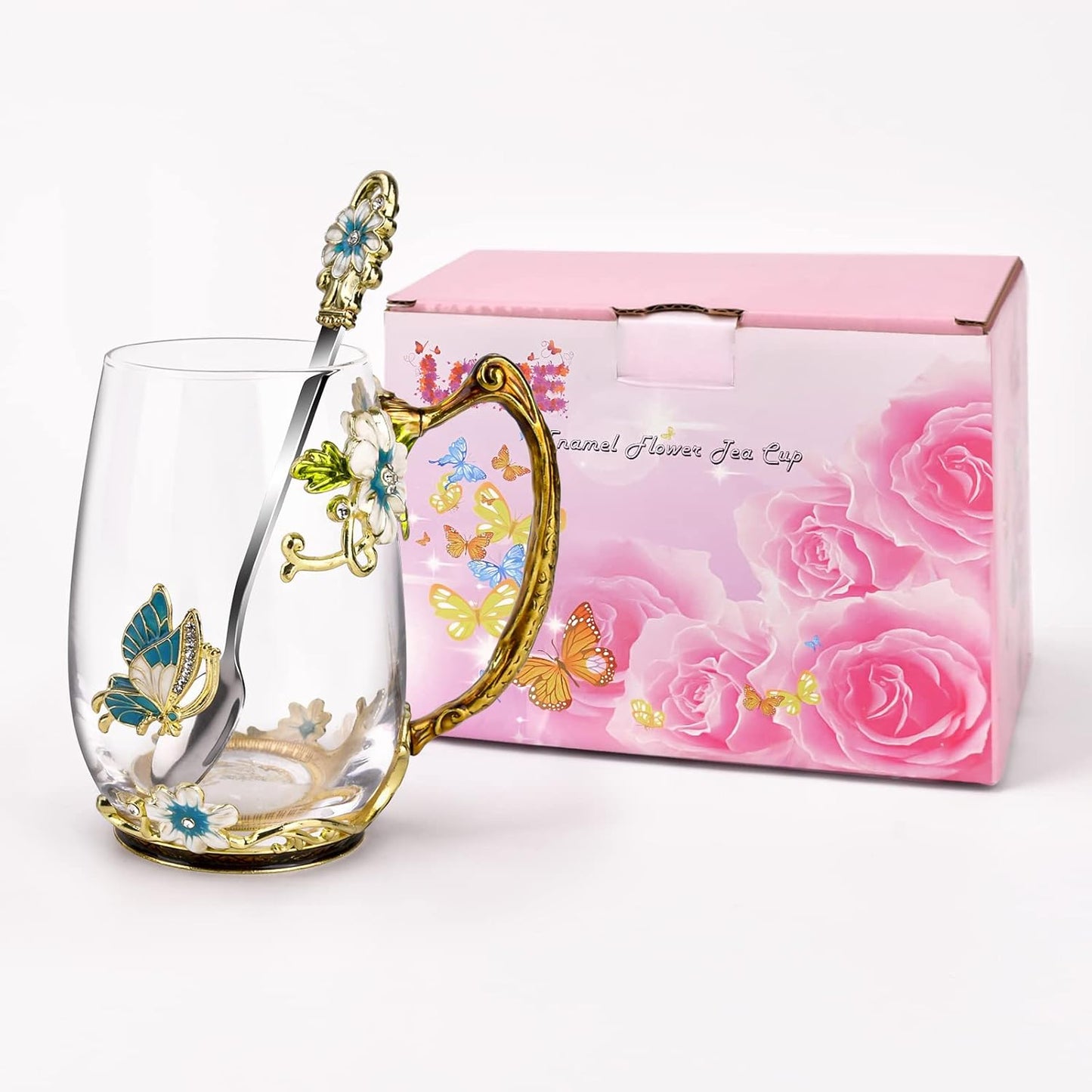 Enamel Glass Flower Tea Pot With Removable Loose Tea Leaf Infuser Tea Maker Teapot Set 30.4OZ Gifts for Women,Mom,Birthday