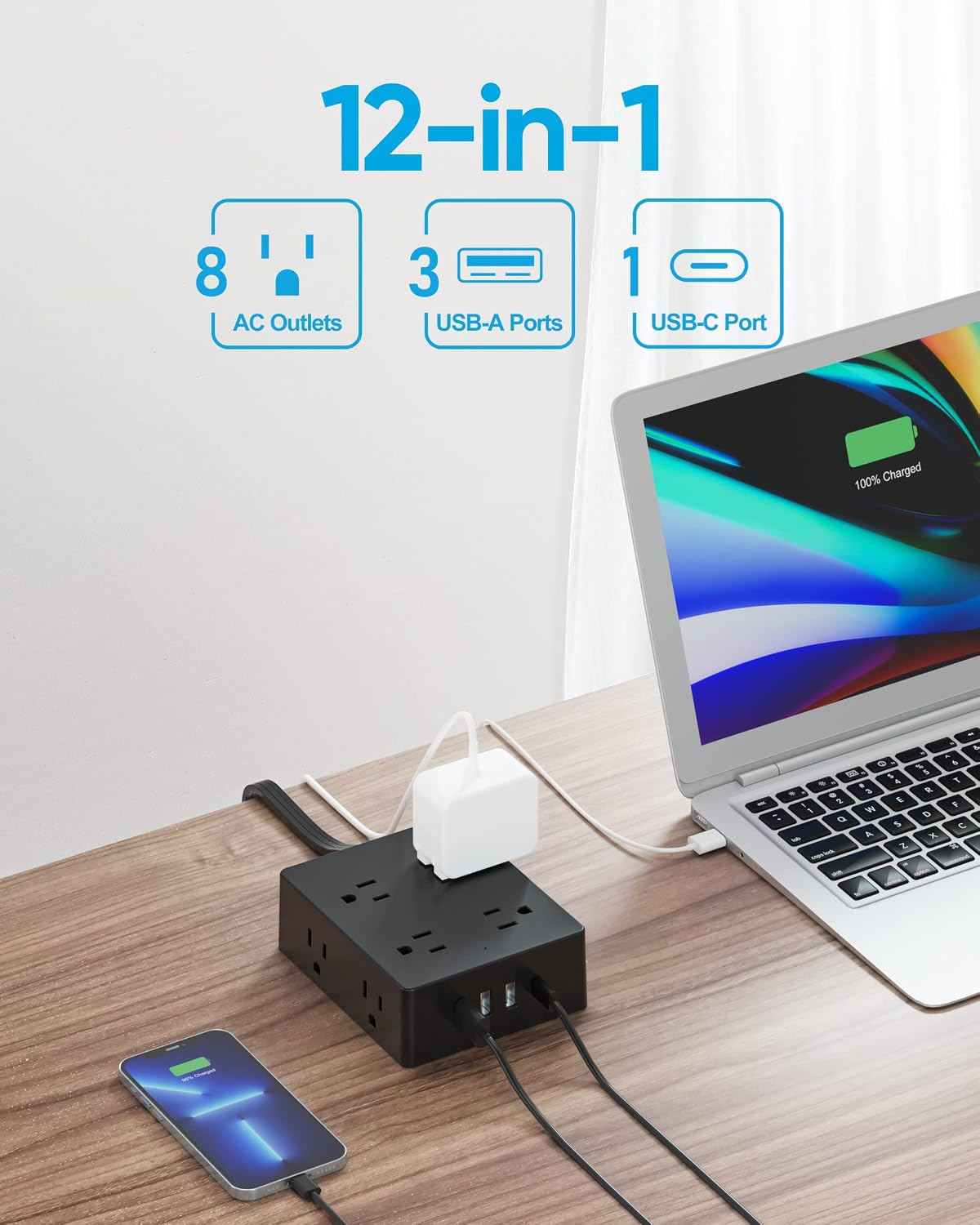 Olcorife Flat Plug Power Strip with 10 FT Extension Cord, 8 Outlets 4 USB Ports(1 USB C), 3 Sided Outlet Extender for Home Office Travel Dorm Room Essentials, White
