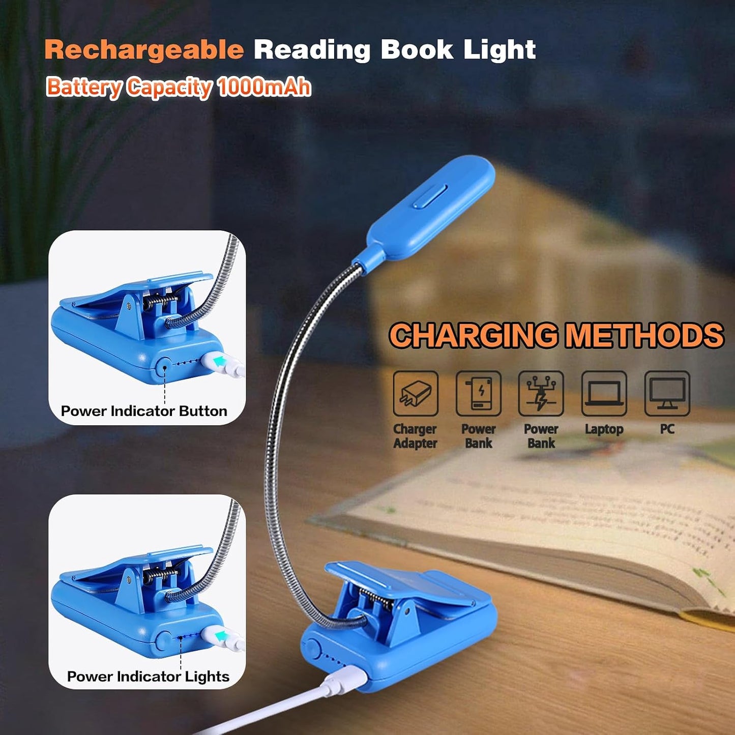 VAVOFO Clip On Book Light for Bed Kids, 7 LED Reading Light with 9-Level Warm Cool White Daylight, Eye Care Lamp with Power Indicator for Bookworms (Blue)