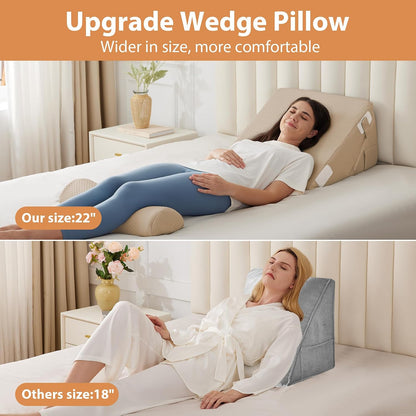 BIEEZZK Wedge Pillow Set for After Surgery, Wedge Pillow for Acid Reflux, Bed Wedge Pillow with Adjustable 9&12inch for Headboard,Sleeping, Orthopedic Memory Foam for Neck&Back Support, White/Grey
