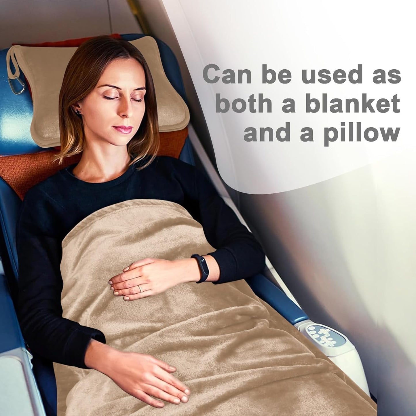 Travel Blanket and Pillow Compact, Premium Soft 2 in 1 Airplane Blanket with Soft Bag Pillowcase，Hand Luggage Sleeve and Backpack Clip (Checkered Black)