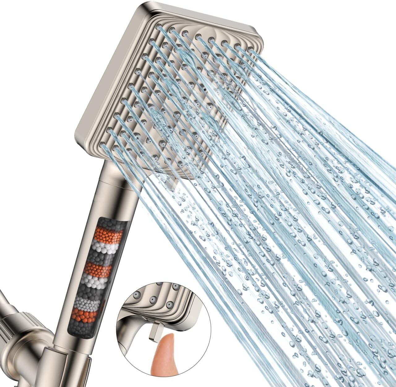 MakeFit Filtered Shower Head Black - 6 Modes High Pressure Handheld Shower Head with Filter Mineral Beads, Detachable Handheld Showerhead Set with Stainless Steel Hose and Shower Arm Bracket