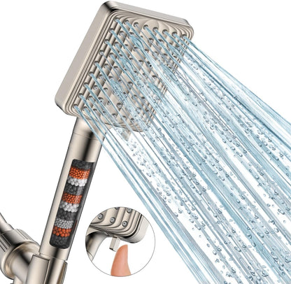 MakeFit Filtered Shower Head Black - 6 Modes High Pressure Handheld Shower Head with Filter Mineral Beads, Detachable Handheld Showerhead Set with Stainless Steel Hose and Shower Arm Bracket