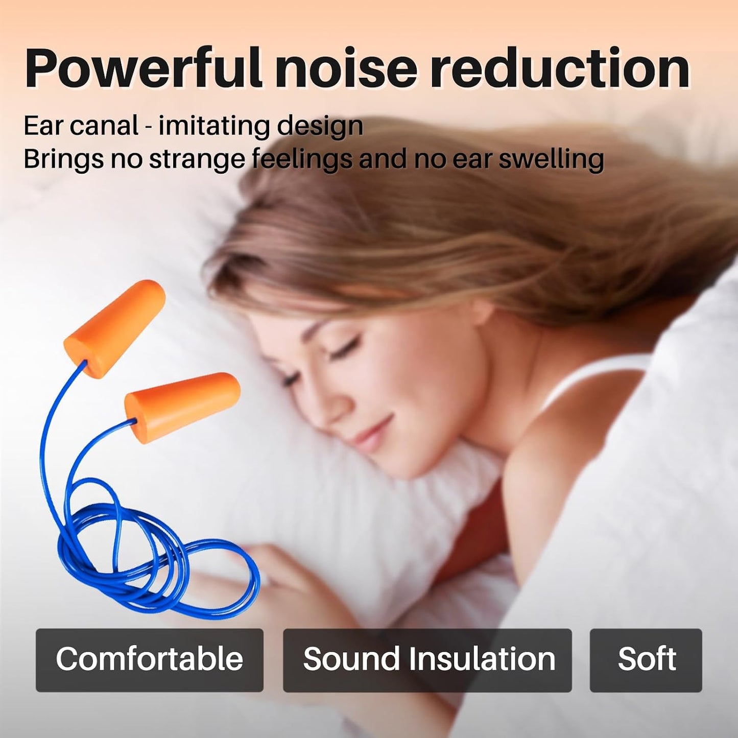 NRR 33dB Foam Ear Plugs with Cord,100 Pairs/Box，for Sleeping | Ultra-soft PU foam, fit ear canals, individually wrapped,earplugs for Construction , traveling, studying. shooting ranges