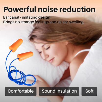 NRR 33dB Foam Ear Plugs with Cord,100 Pairs/Box，for Sleeping | Ultra-soft PU foam, fit ear canals, individually wrapped,earplugs for Construction , traveling, studying. shooting ranges