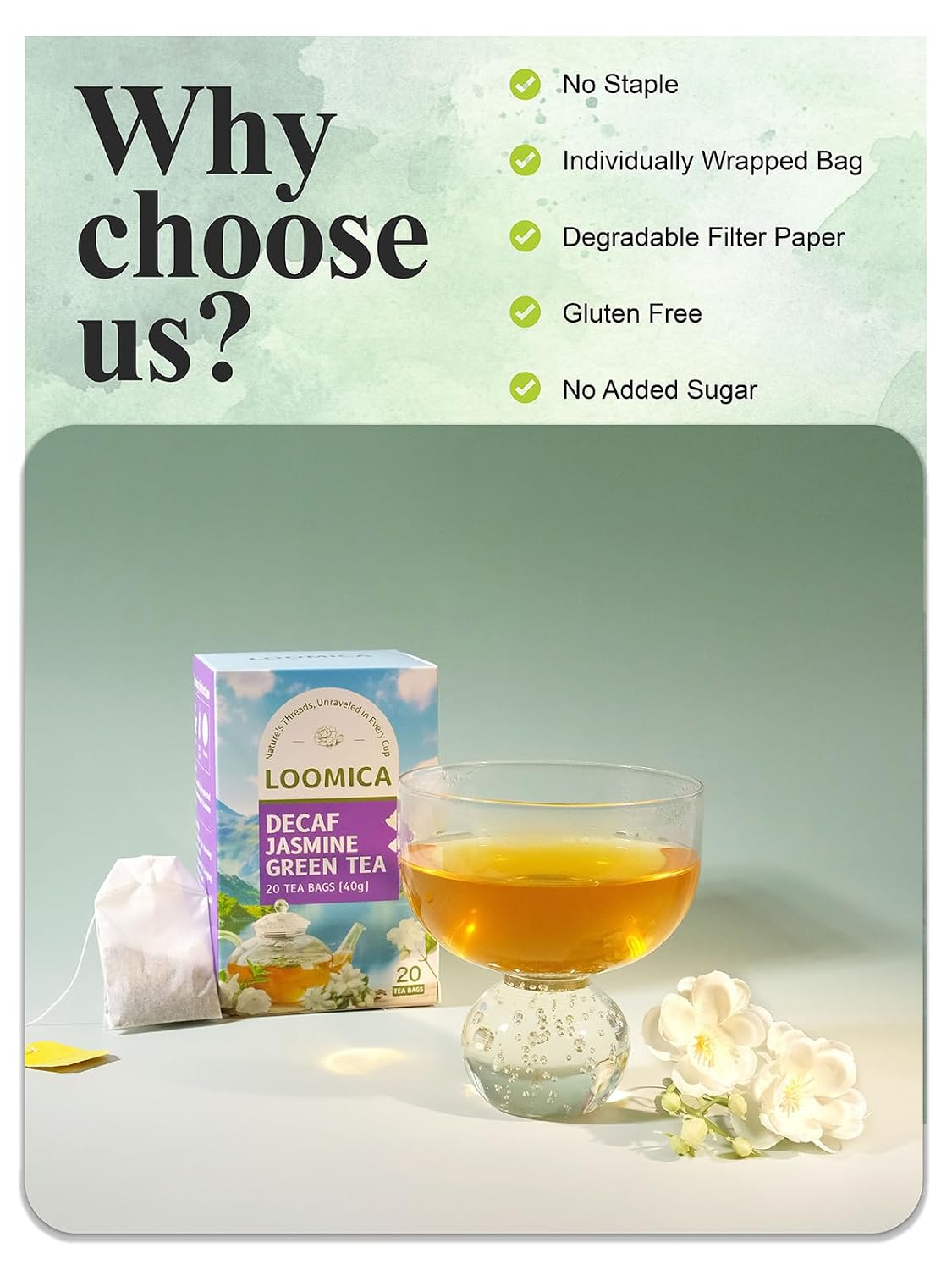LOOMICA Decaf Jasmine Green Tea Bags, Naturally Decaffeinated, 20 Ct