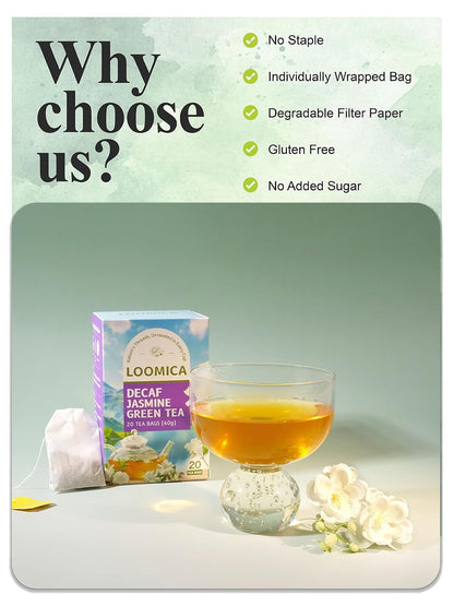 LOOMICA Decaf Jasmine Green Tea Bags, Naturally Decaffeinated, 20 Ct