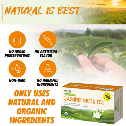 Fusion Organic Jasmine Green Tea - 100 Bags, Traditionally Scented, Refreshing Floral Fragrance - 6oz (170g)