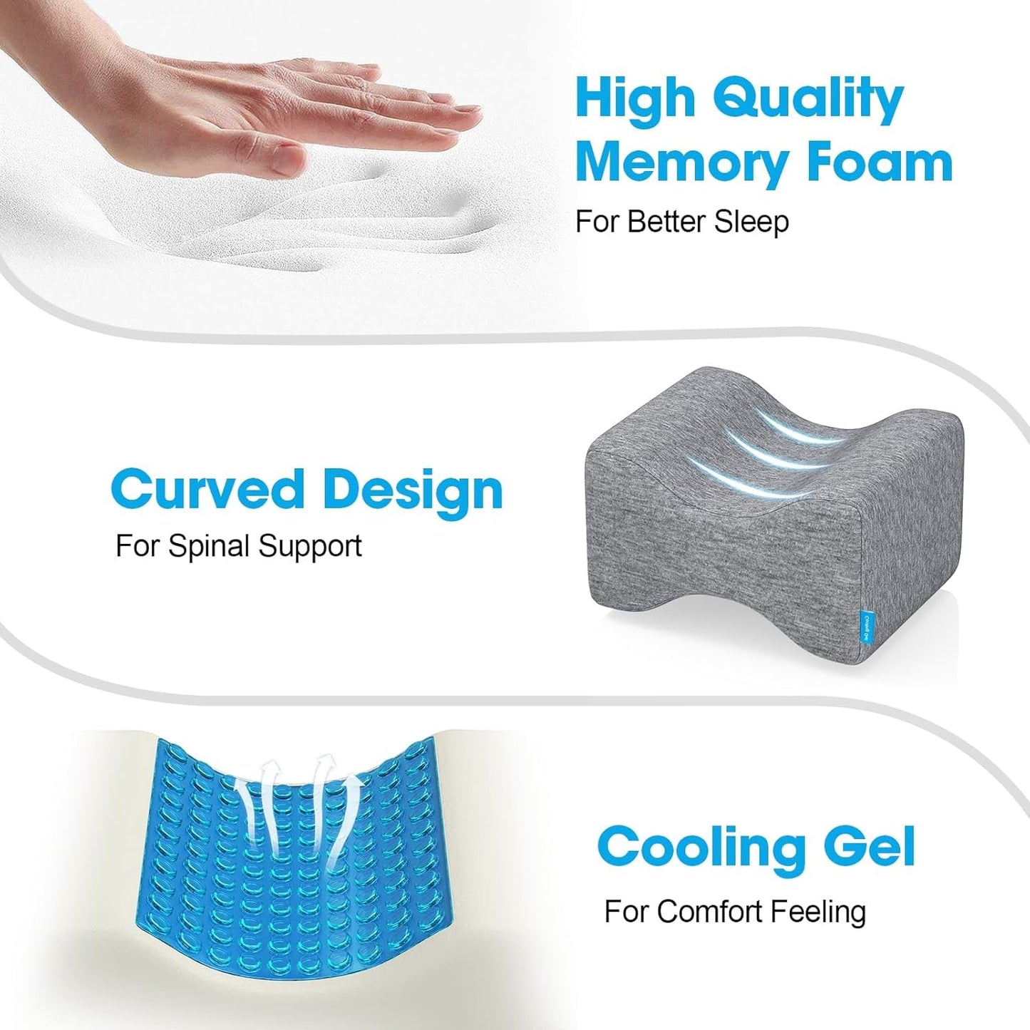 Knee Pillow for Side Sleepers with Cooling Gel, Memory Foam Elevation Pillow for Spine Aligning, Sciatica, Back, Hip, Knee, Ankle Pain, Grey/Large