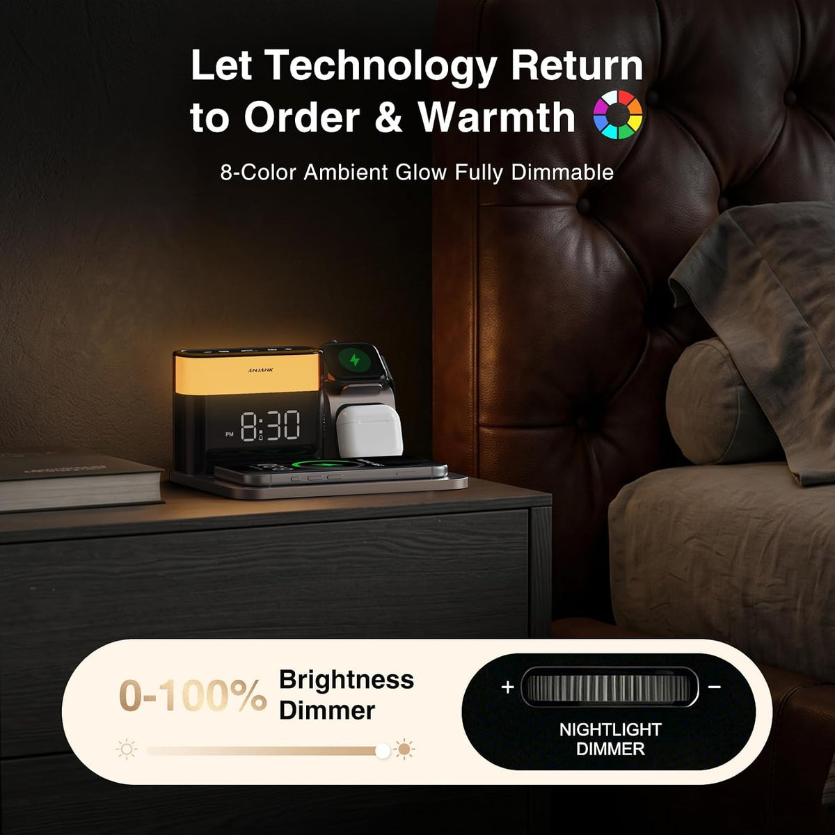 ANJANK GlowDock 5-in-1 Wireless Charging Station with Alarm Clock,Qi2.2 25W Magnetic Multi Charger Stand, Aluminum Silent Cooling,8 Nightlight,for iPhone 18 17 16 15 Pro Max Plus, Apple Watch,AirPods
