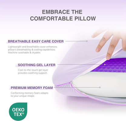 EGOHOME Cooling Gel Memory Foam Pillow - Reversible Cooling Cover, Neck Support for Side, Back and Stomach Sleepers, Removable & Machine Washable, All-Season Comfort, Standard Size, Purple