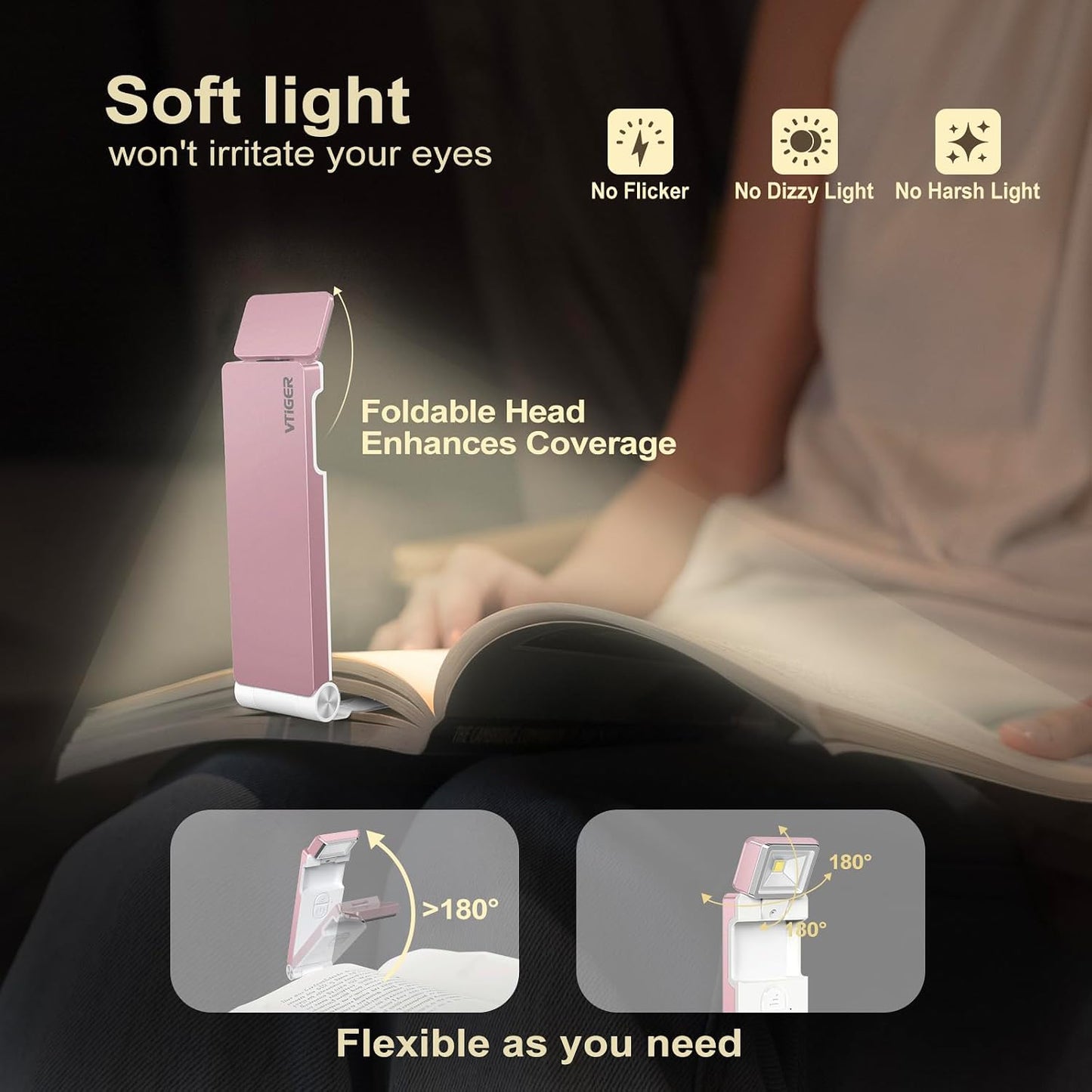 VTIGER Reading Light, USB Rechargeable Book Light for Reading in Bed,Foldable Clip-on LED Booklight, 3 Amber Colors & 4 Brightness Dimmable,Long Lasting Portable Bookmark Lamp for Book Lovers, Kids