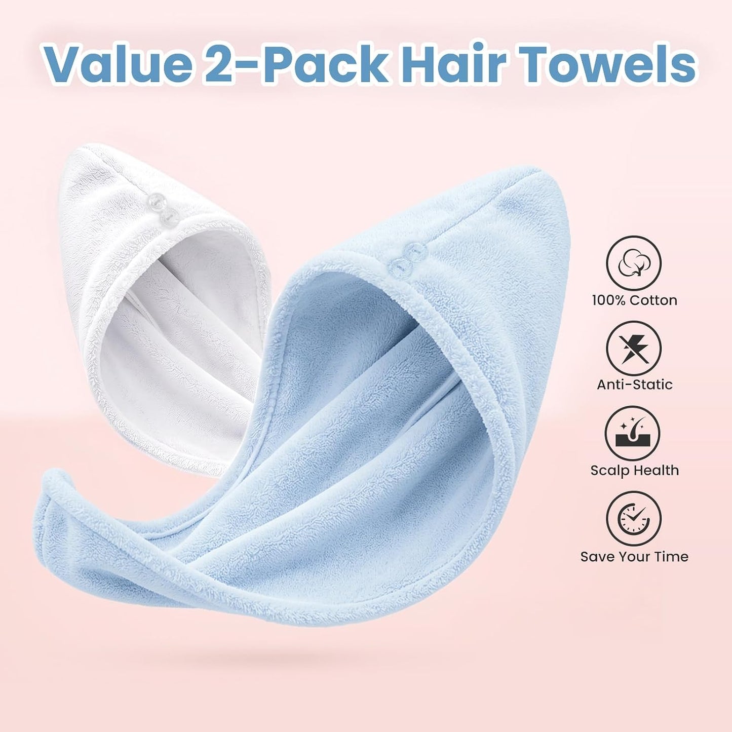 Mandydov 100% Cotton Hair Towel Wrap for Women, 2 Pack Thickened & Super Absorbent Turbans, Anti Frizz Quick Dry Hair Towels (Blue, Pink Blush)