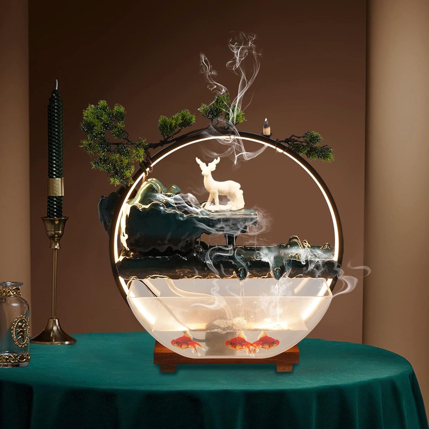 Mini Artificial Bonsai Tree Waterfall Fog Feature Rock Tabletop Fountain | 11in Desktop Decor Waterfall Fountain W/ Water Pump& Atomizer&LED Lights &Fake Tree Office Bedroom Relax
