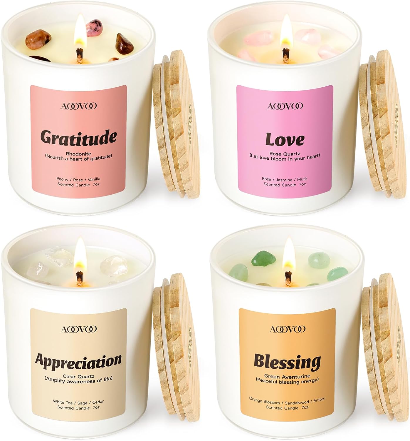 AOOVOO Calm Candles Set for Women - 4 Pack Candles for Home Scented, 28 oz 200 Hour Burn, Aromatherapy Candle with Crystals, Lavender Calm/Jasmine Serenity/Water Lily Pear Harmony/Patchouli Balance