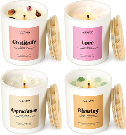 AOOVOO Calm Candles Set for Women - 4 Pack Candles for Home Scented, 28 oz 200 Hour Burn, Aromatherapy Candle with Crystals, Lavender Calm/Jasmine Serenity/Water Lily Pear Harmony/Patchouli Balance