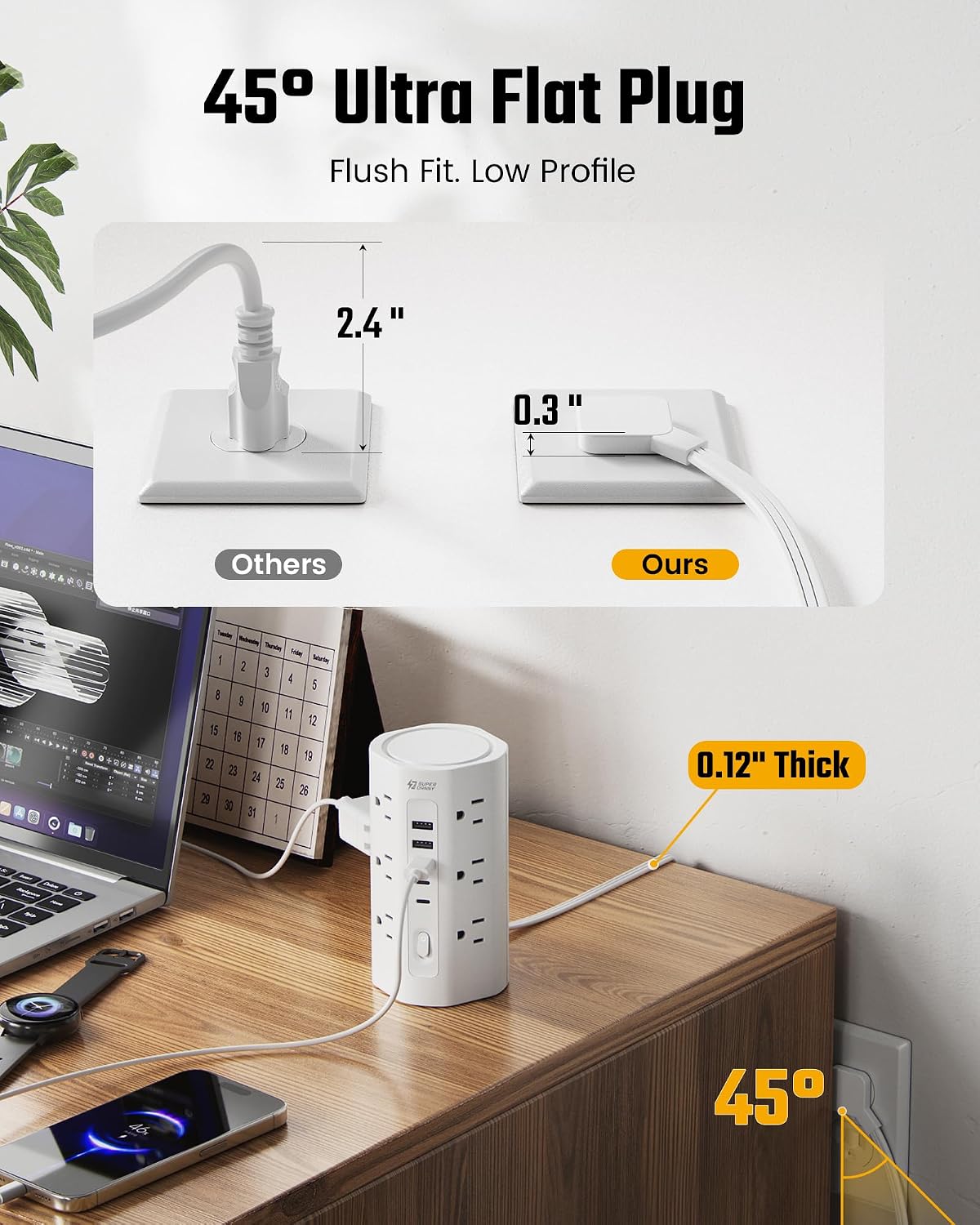 10Ft Tower Power Strip, Long Extension Cord, Flat Plug, 1700J, 12 AC 5 USB
