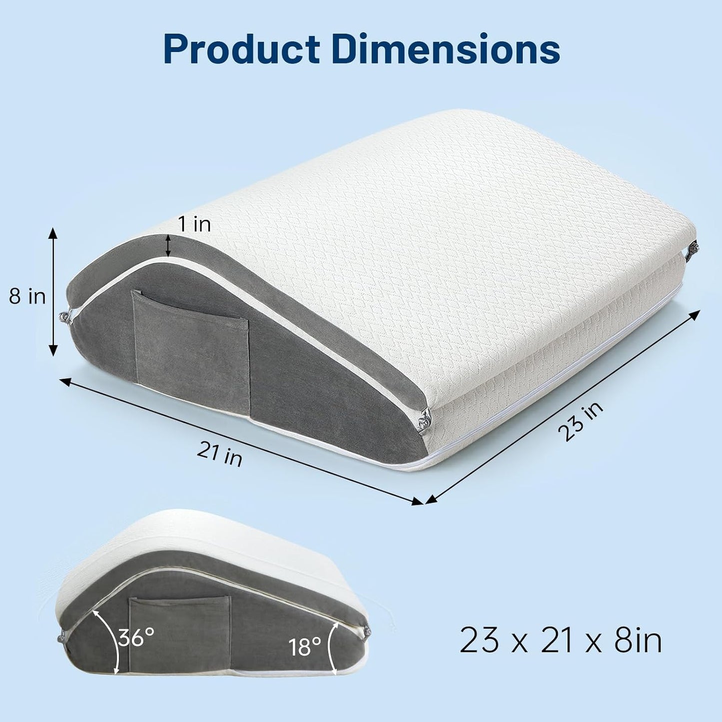 Vekkia 24" x 24" x 5.5" Bed Wedge Pillow for Sleeping – Triangle Pillow for Sleep Apnea, Acid Reflux, Snoring & Back Support, Post-Surgery Recovery, with Pockets & Washable Cover