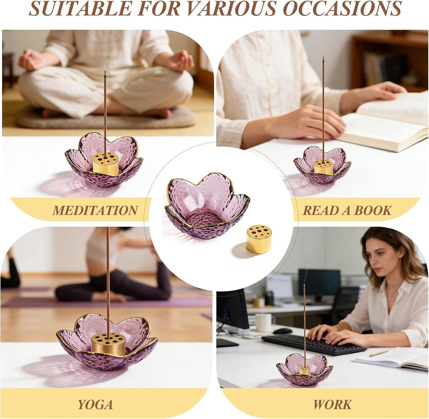 Incense Holder for Sticks and Backflow Incense, Handmade Glass Cherry Blossom Incenses Stick Holder with 9 Incenses Holes Incenses Burner Ash Catcher Ideal for Incense Burning, Home & SPA Decor