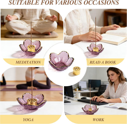 Incense Holder for Sticks and Backflow Incense, Handmade Glass Cherry Blossom Incenses Stick Holder with 9 Incenses Holes Incenses Burner Ash Catcher Ideal for Incense Burning, Home & SPA Decor