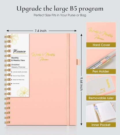 Undated Weekly and Monthly Planner, B5 Large Weekly To Do List Notebook with Goal & Habit Tracker Organizer, Hardcover Spiral Bound Blank Monthly Planner for Work School Home 7.4" x 9.64" Black