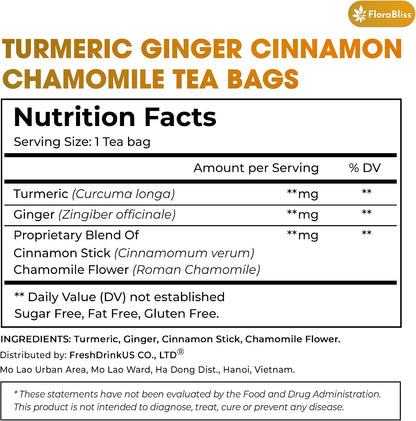 FloraBliss 50 Bags Turmeric, Ginger, and Cinnamon Tea. Added Chamomile