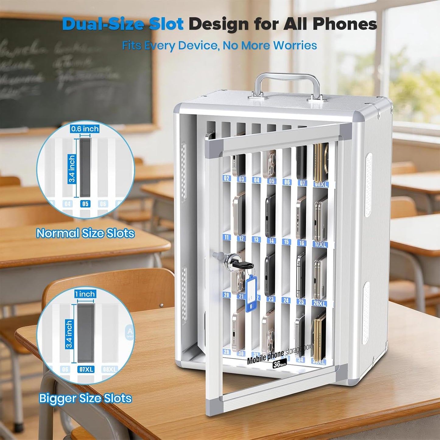 24 Slots Cell Phone Locker, Classroom Phone Storage Cabinet with Key, 【Wall Mounted】 【Aluminum Alloy】 Phone Lock Box, Mobile Phone Lockbox with Handle for School Office Exam(Silver)